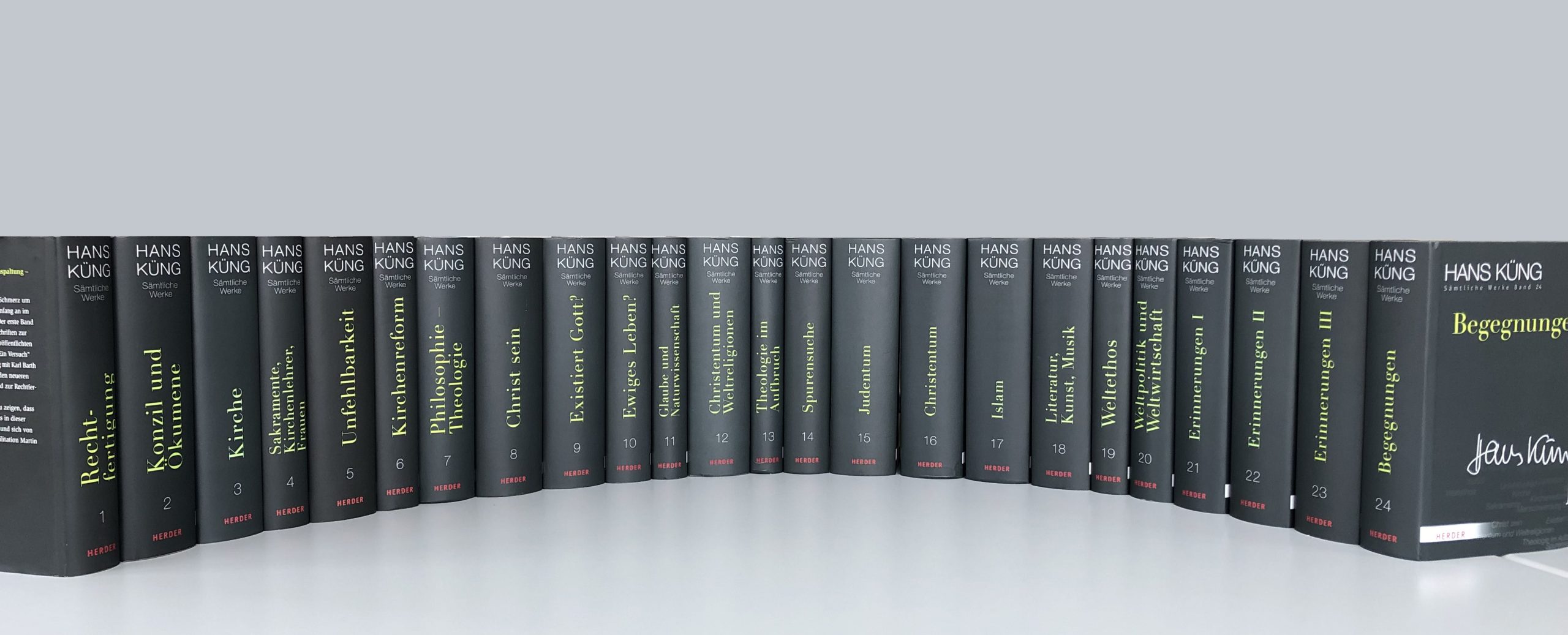 Das Bild zeigt 24 Bücher von Hans Küng im Halbkreis aufgestellt.
