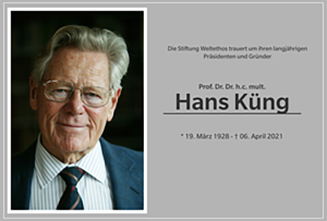 Ein Bild von Hans Küng mit der Traueranzeige zu seinem Tod